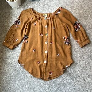 Anthropologie Fig & Flower Embroidered Boho Top Button Front Ochre earthy floral